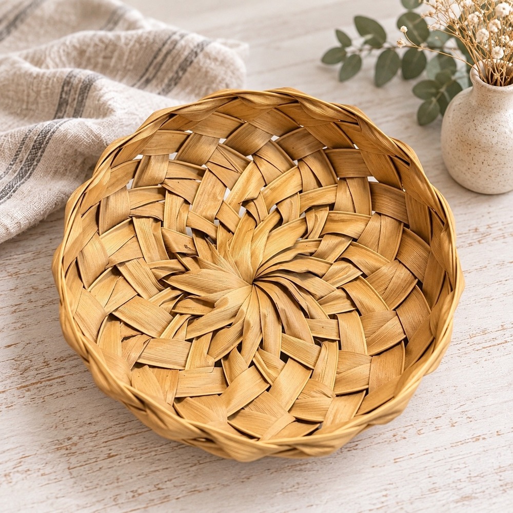 Vintage Handwoven Basket Natural Fiber Starburst Weave Boho Rustic Decor